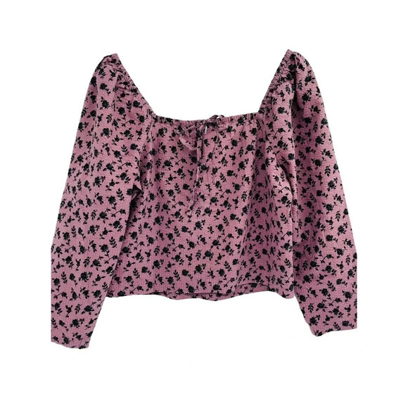 Madewell Women's Shirt S Seersucker Square Neck Floral Blouse Long Sleeve Crop - Picture 2 of 11